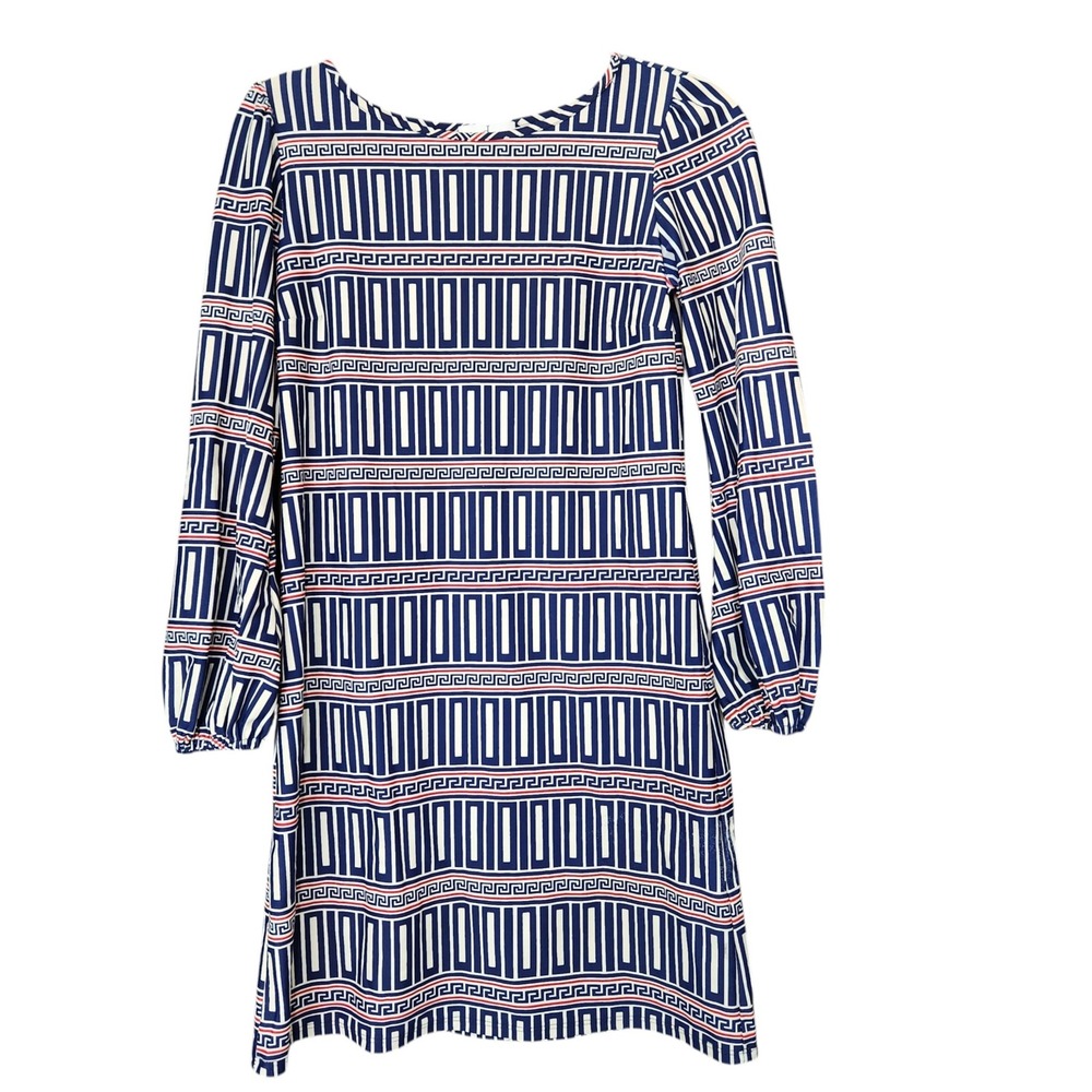 Jude Connally Geometric Greek Key Print Shift Dress Blue White Red XS